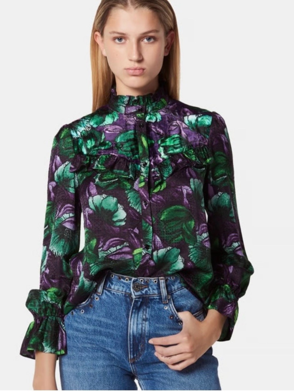 Sandro Paris Silk Floral Blouse Green Purple Ruffle High Neck Size 1